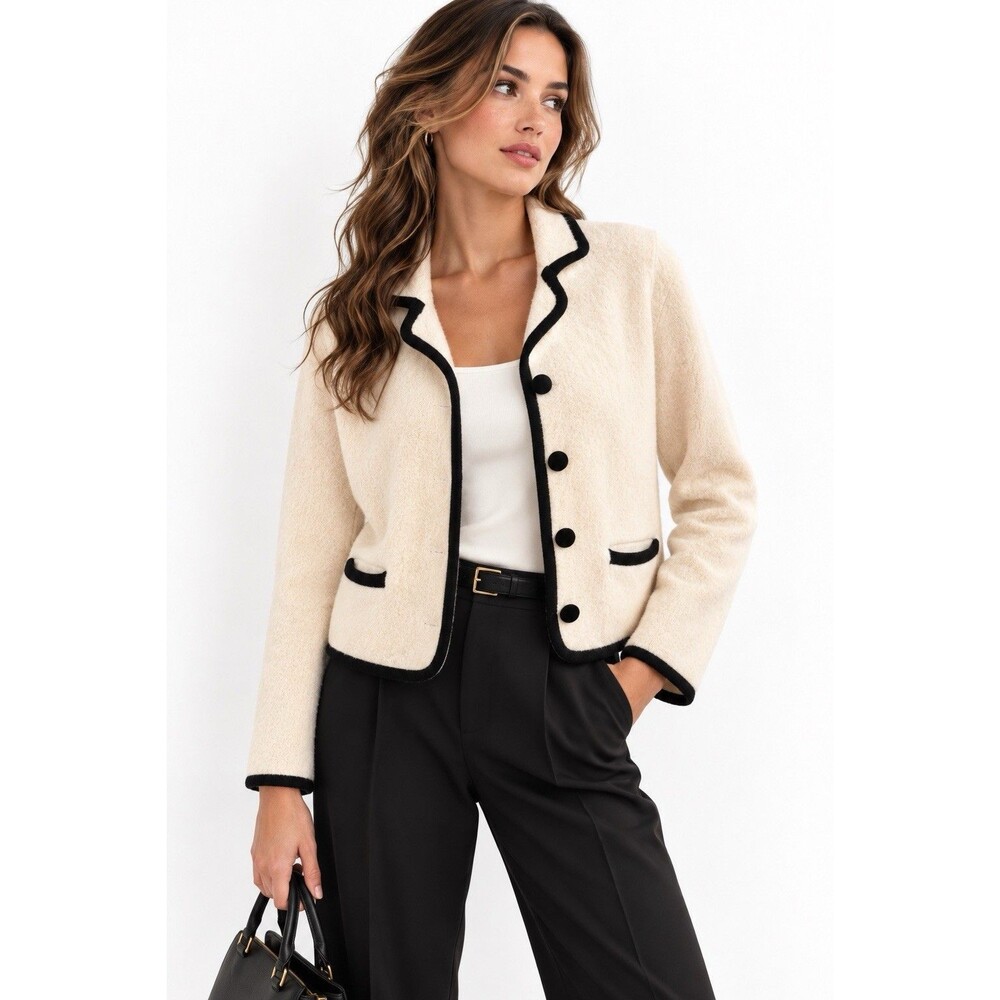 Talbots Petites Ivory Black Trim Boiled Wool Cardigan Jacket Chanel Style